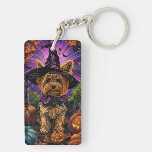 Spooky Yorkipoo Hond Halloween Heks en Pompoen Sleutelhanger (achterkant)