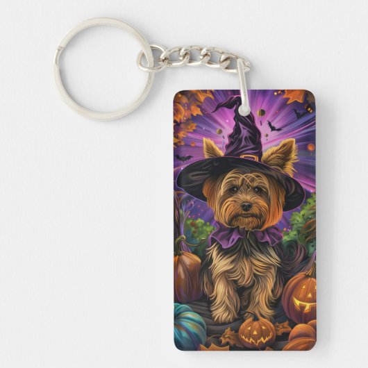 Spooky Yorkipoo Hond Halloween Heks en Pompoen Sleutelhanger (Voorkant)