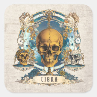 Spooky Zodiac Floral Weegschaal Unieke Schedel Vierkante Sticker