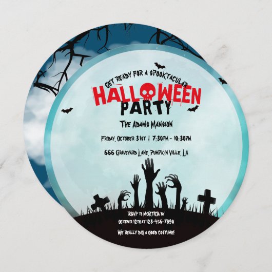 Spooky Zombie Graveyard Halloween Party Kaart (Voorkant / Achterkant)