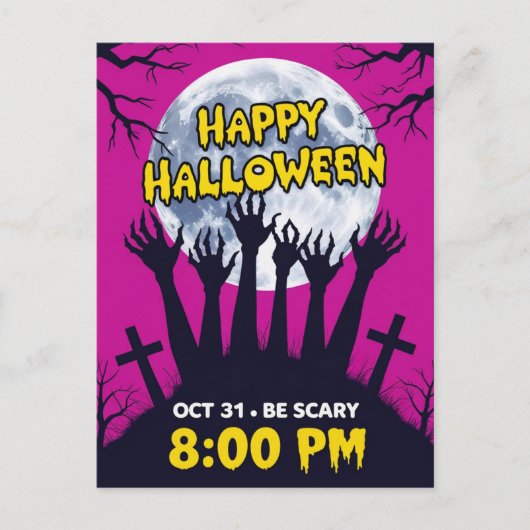 Spooky Zombie Hands Full Moon Halloween Feestdagenkaart (Voorkant)