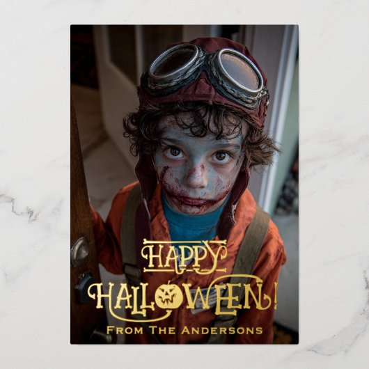 Spooky Zombie Pilot Foto Grappige Foto Halloween Folie Feestdagenkaart (Voorkant)