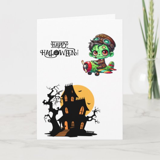 Spooky Zombie Pilot Vliegtuig & Haunted House Foto Kaart (Voorkant)