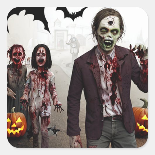 Spooky Zombies, pompoen en vleermuizen  Halloween Vierkante Sticker (Voorkant)