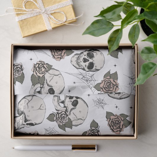 Spooky zwart en wit Bloemen Kleine Schedel Hallowe Tissuepapier (Geschenk)