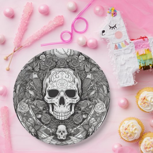 Spooky zwart en witte schedel Halloween feest Papieren Bordje (Feest)