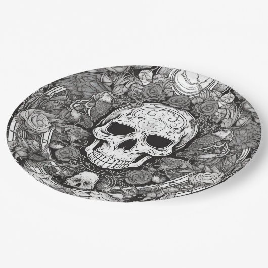 Spooky zwart en witte schedel Halloween feest Papieren Bordje (Gekanteld)