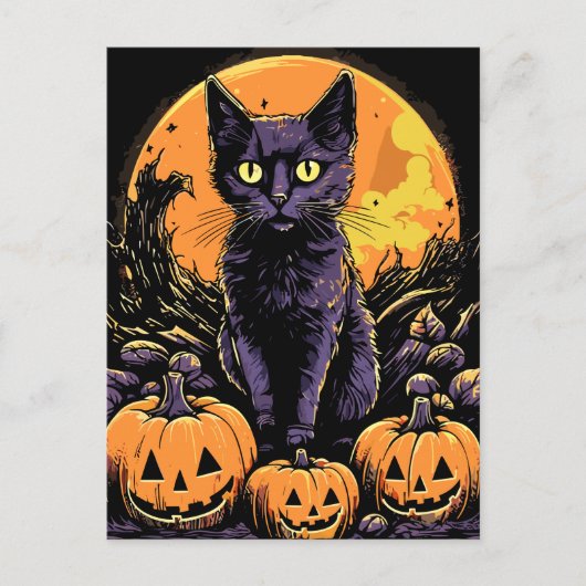 Spooky Zwart Kat Halloween Pompoen Briefkaart (Voorkant)