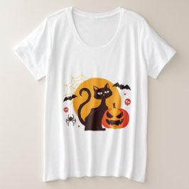Spooky zwart Sinaasappel Halloween Cat Pumpkin Art Grote Maat T-shirt
