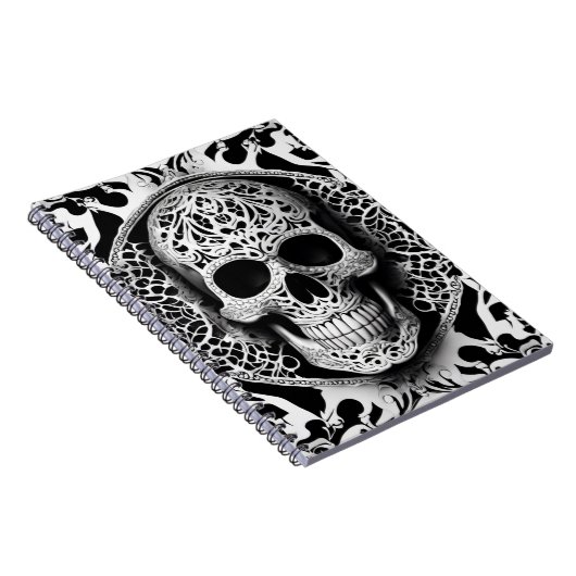 Spooky zwart & wit lachende kant schedel notitieboek (Rechterzijde)