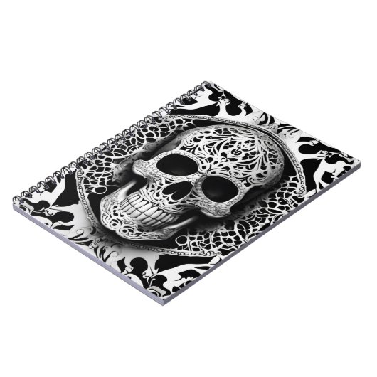 Spooky zwart & wit lachende kant schedel notitieboek (Linkerzijde)