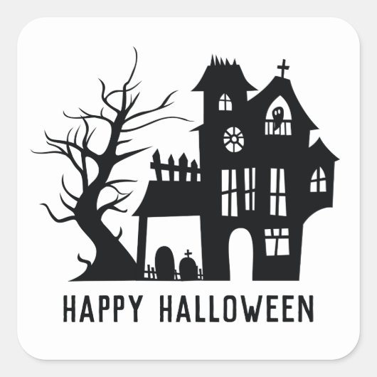 Spooky zwart wit spookhuis. Happy Halloween Vierkante Sticker (Voorkant)