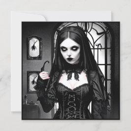 Spooky zwart-wit vrouw Halloween Party Kaart