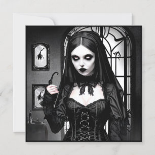 Spooky zwart-wit vrouw Halloween Party Kaart