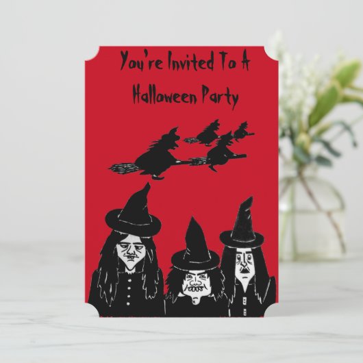 Spooky zwarte heksen enge Halloween uitnodiging (Staand voorkant)