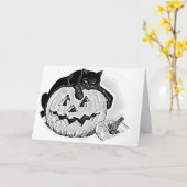 Spooky zwarte kat en pompoen Halloween Kaart (Gele Bloem)