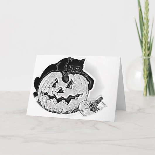 Spooky zwarte kat en pompoen Halloween Kaart (Voorkant)