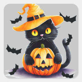 Spooky zwarte kat en pompoen Halloween Vierkante Sticker