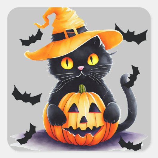 Spooky zwarte kat en pompoen Halloween Vierkante Sticker (Voorkant)