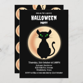 Spooky zwarte kat groene ogen met maan Halloween Kaart