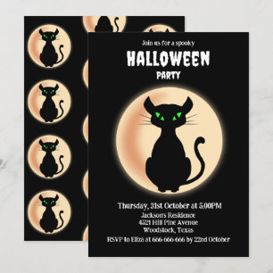 Spooky zwarte kat groene ogen met maan Halloween Kaart