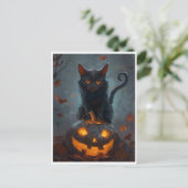 Spooky zwarte kat Halloween kunst Prints en gesche Feestdagenkaart (Staand voorkant)