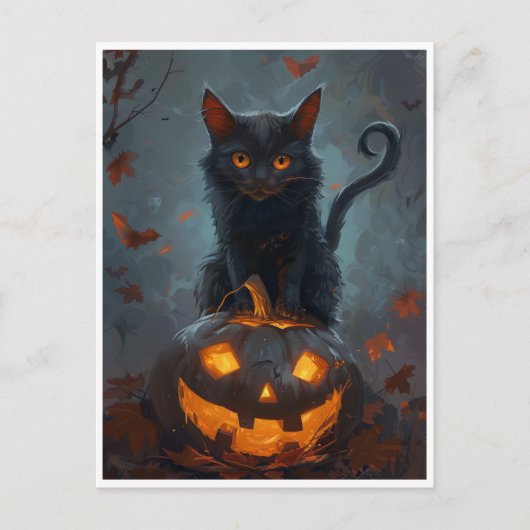 Spooky zwarte kat Halloween kunst Prints en gesche Feestdagenkaart (Voorkant)