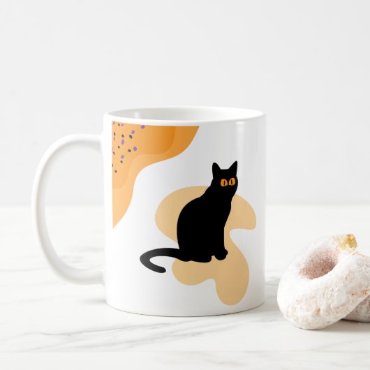 Spooky zwarte kat met griezelige ogen Halloween Gi Koffiemok (Met donut)