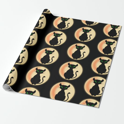 Spooky zwarte kat met groene ogen patroon cadeaupapier (Uitgerold)