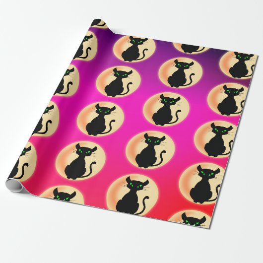 Spooky zwarte kat met groene ogen patroon cadeaupapier (Uitgerold)
