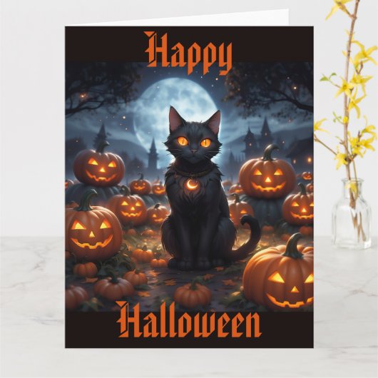Spooky zwarte kat met Jack O'Lanterns Kaart (Gele Bloem)