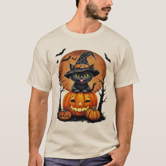 Spooky zwarte kat met pompoen Halloween Gift T-shirt (Voorkant)