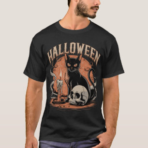 Spooky zwarte kat met schedel en kaarsen t-shirt