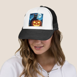 Spooky zwarte kat op pompoen Halloween Trucker Hat Trucker Pet