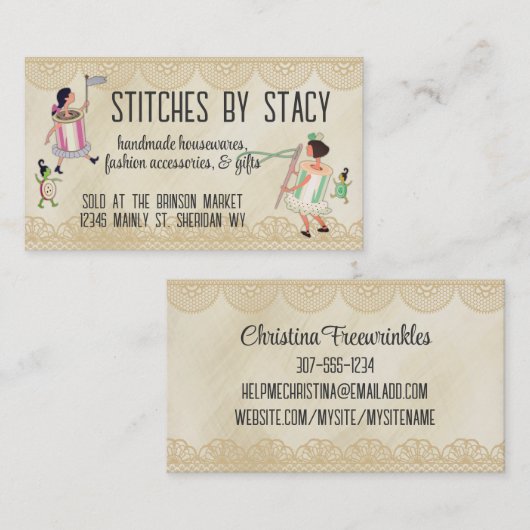 Spool van thread- en knoppen met naaigarenkaart visitekaartje (Voorkant / Achterkant)