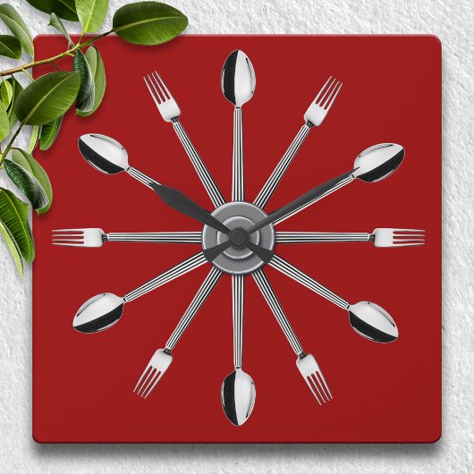 Spoon and Fork Kitchen Wall Clock Vierkante Klok