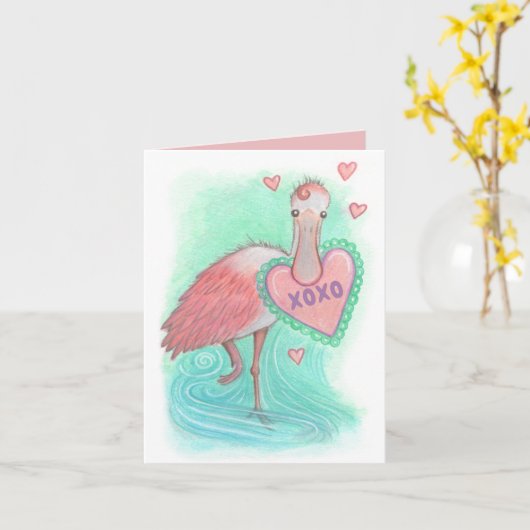 Spoonbill Bird Valentijn Card Kaart (Gele Bloem)