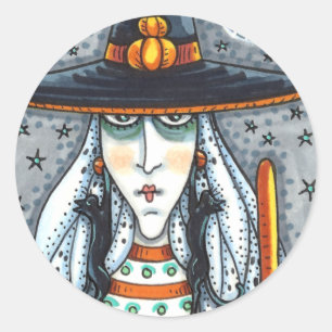 SPOOOKY HALLOWEEN WITCH, MET ZWARTE CAT JEWELERY RONDE STICKER