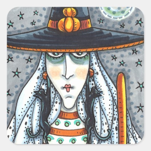 SPOOOKY HALLOWEEN WITCH, MET ZWARTE CAT JEWELERY VIERKANTE STICKER (Voorkant)