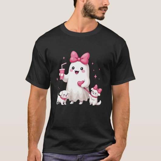 Spoopy Schattige Roze Coquette Ghost Walking Dog H T-shirt (Voorkant)
