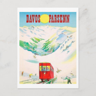 Spoorweg Davos Parsenn, rode trein, vintage Briefkaart