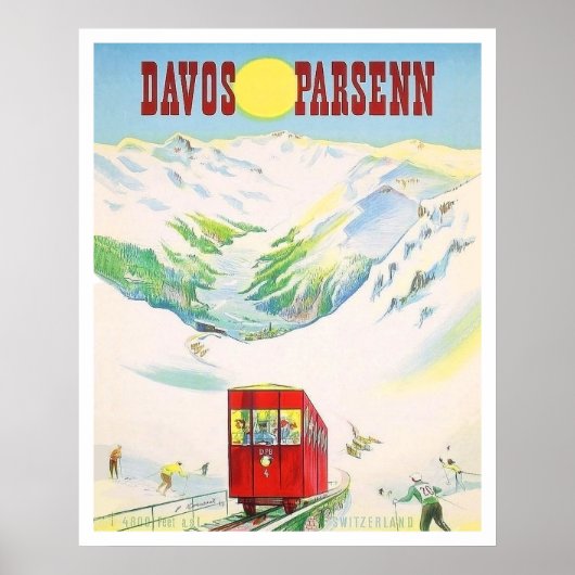 Spoorweg Davos Parsenn, rode trein, vintage Poster (Voorkant)