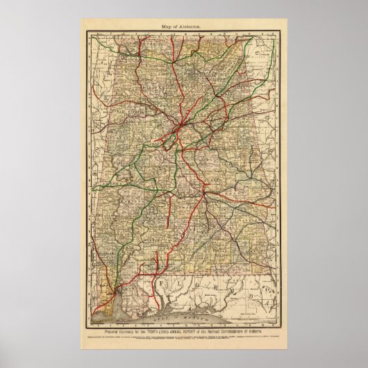 Spoorwegkaart Alabama (1888) Poster (Voorkant)