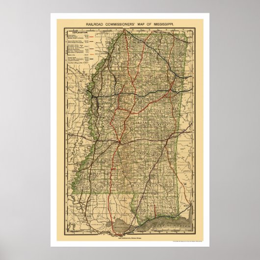 Spoorwegkaart Mississippi 1888 Poster (Voorkant)