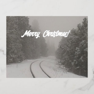 Spoorwegtraject Snowy Bossen Merry Kerstmis Folie Feestdagen Briefkaart