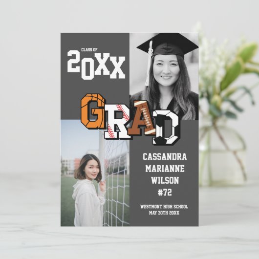 Sport Afstuderen Voetbal Basketball Football Invit Kaart (Staand voorkant)