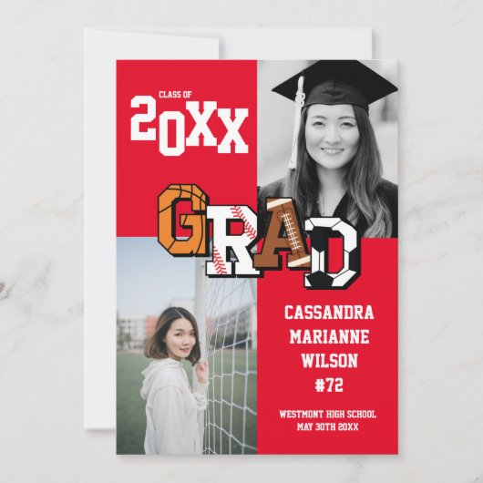 Sport Afstuderen Voetbal Basketball Football Rood Kaart (Voorkant)