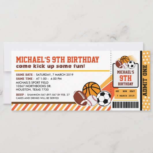 Sport All Star Ticket Pass Birthday Uitnodiging (Voorkant)