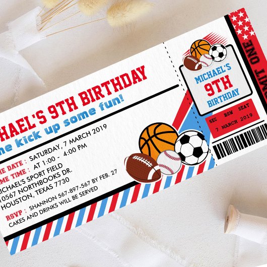 Sport All Star Ticket Pass Birthday Uitnodiging