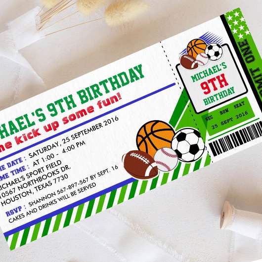 Sport All Star Ticket Pass Birthday Uitnodiging